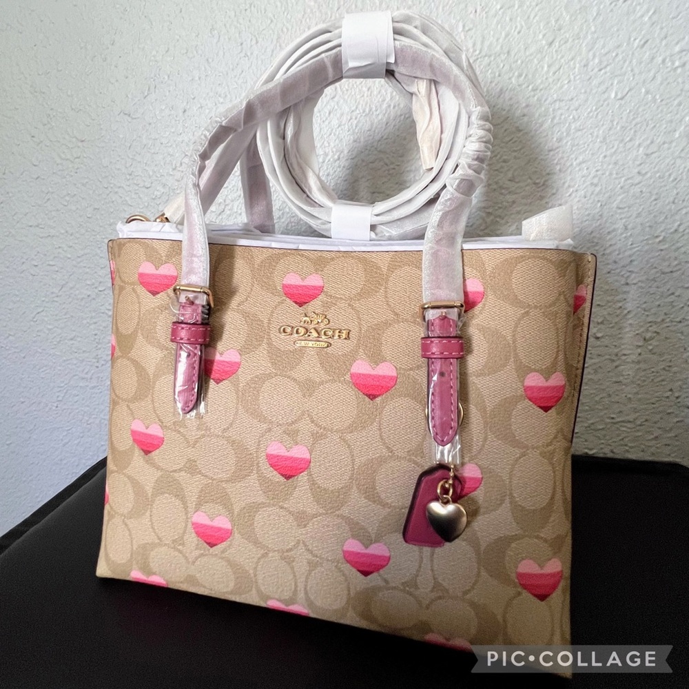 NWT COACH MOLLIE TOTE 25 IN SIGNATURE CANVAS STRIPE HEART PRINT GOLD/LIGHT KHAKI - Picture 10 of 12